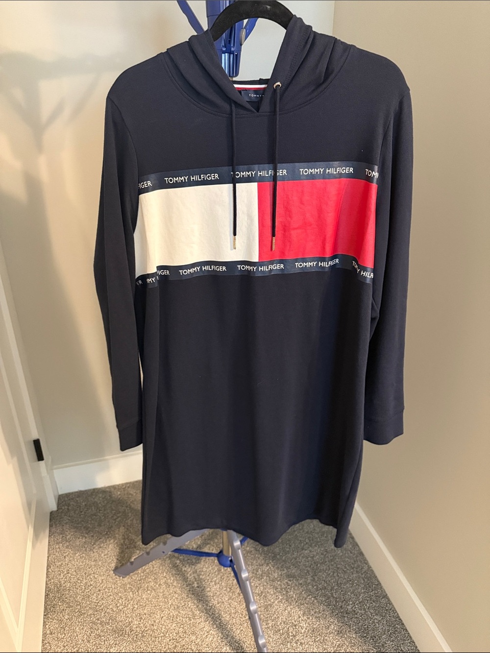 Tommy Hilfiger Navy Hoodie Dress with Red & White Panel